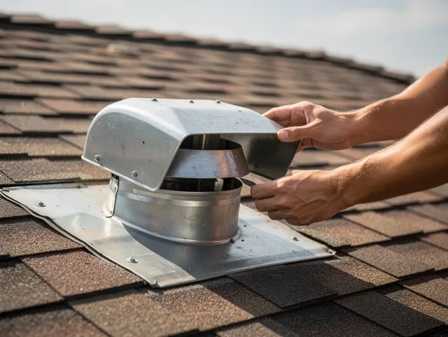 Rosemead Dryer Vent Cleaning certified technician safely cleaning a roof-mounted dryer vent in Rosemead