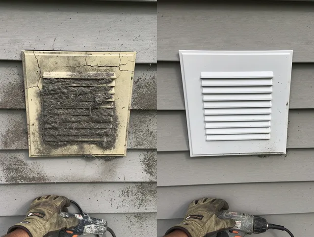 Rosemead Dryer Vent Cleaning technician installing high-quality dryer vent cover at a residential property in Rosemead